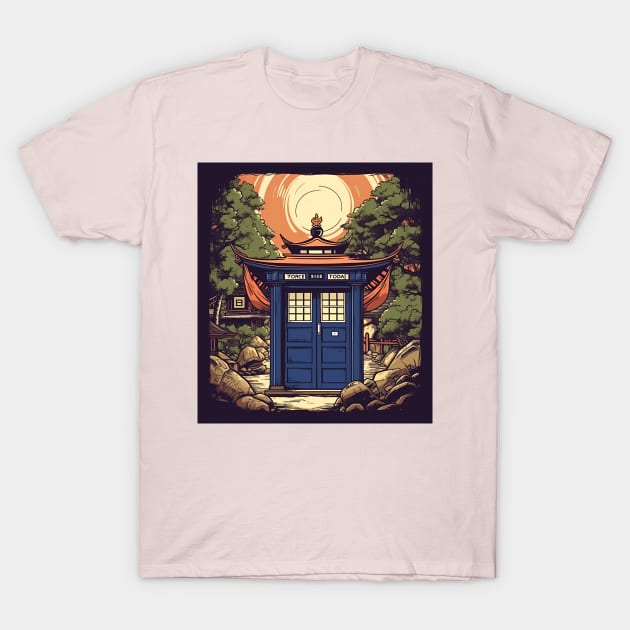 Illustration of blue tardis in Japan on sunset T-Shirt by KOTYA